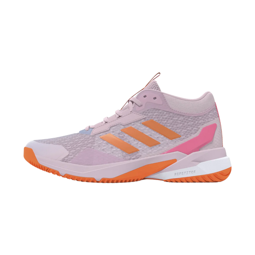 Pink and orange athletic shoe with Adidas logo on a white background